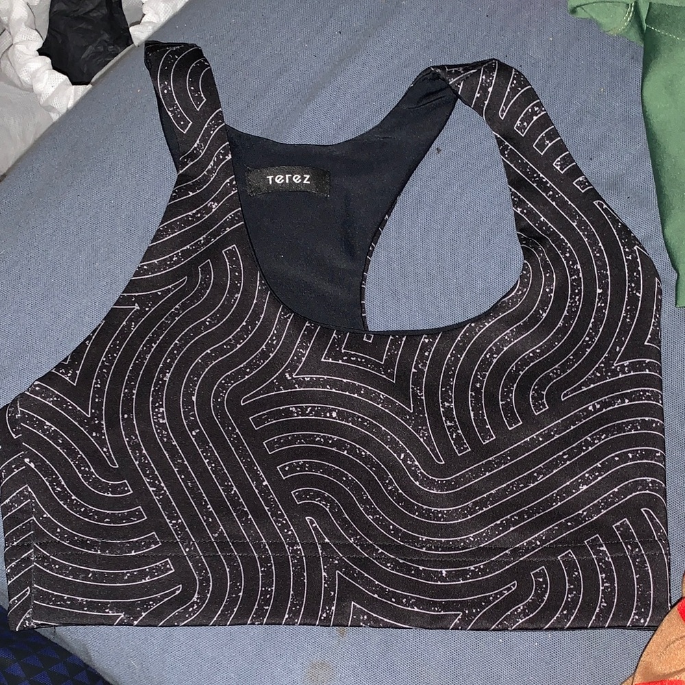 Terez Black and White Wave Pattern Sports Bra